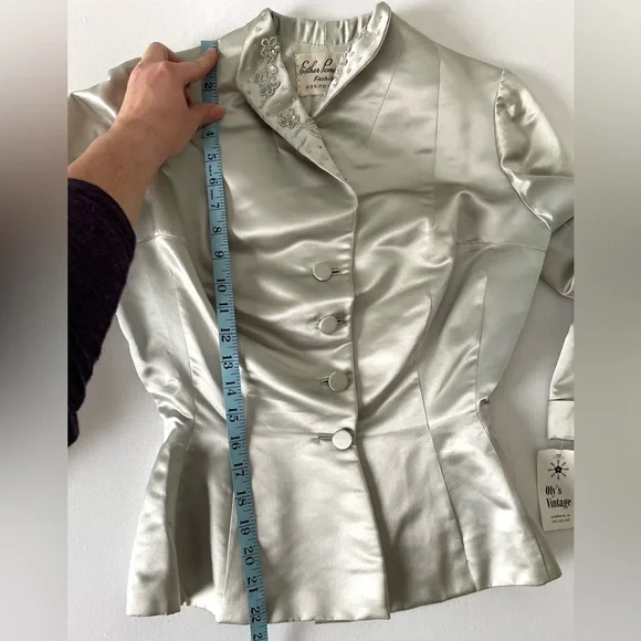 Vintage Silk Beaded Button Long Sleeve Blazer Esther Pomerantz Blue Silver Small - Picture 12 of 15